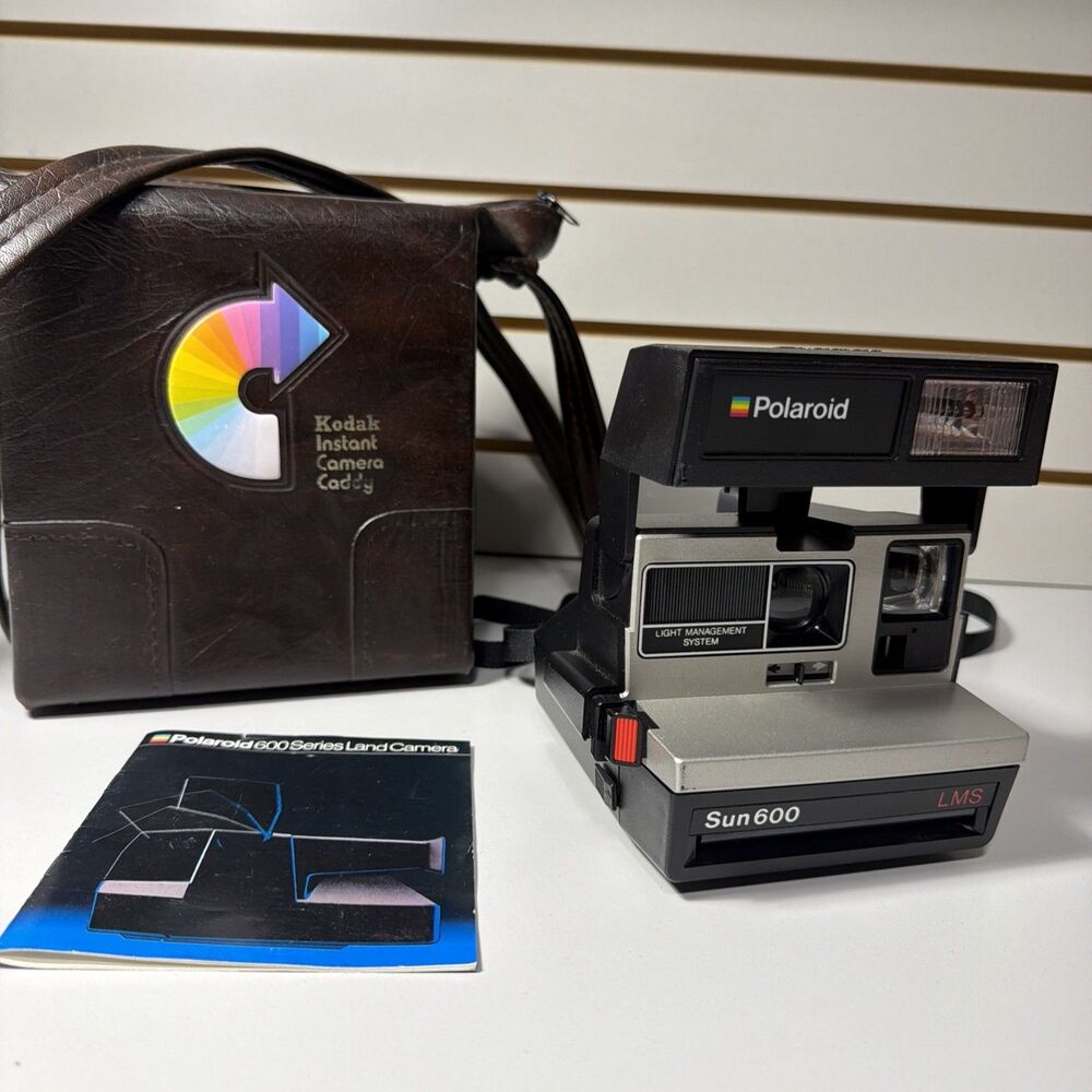 Polaroid Sun 600 LMS Instant Film Camera With Caddy And Manual Vintage Nostalgic